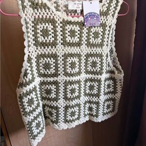 Crochet Square Pattern Top in Green and Cream